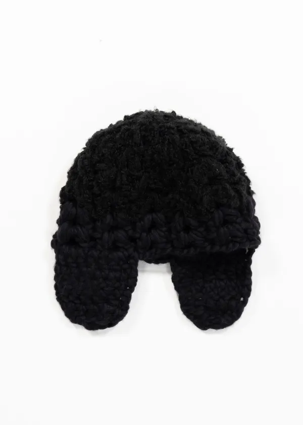WOOL MIX HANDMADE CROCHET BEANIE - BLACK