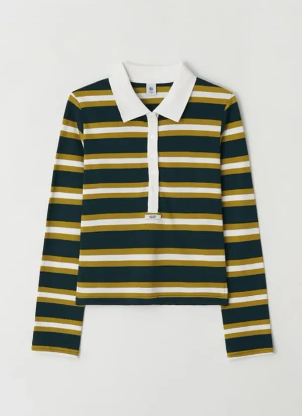HENRYNECK COLLAR SLIM LONG SLEEVE OLIVE STRIPE