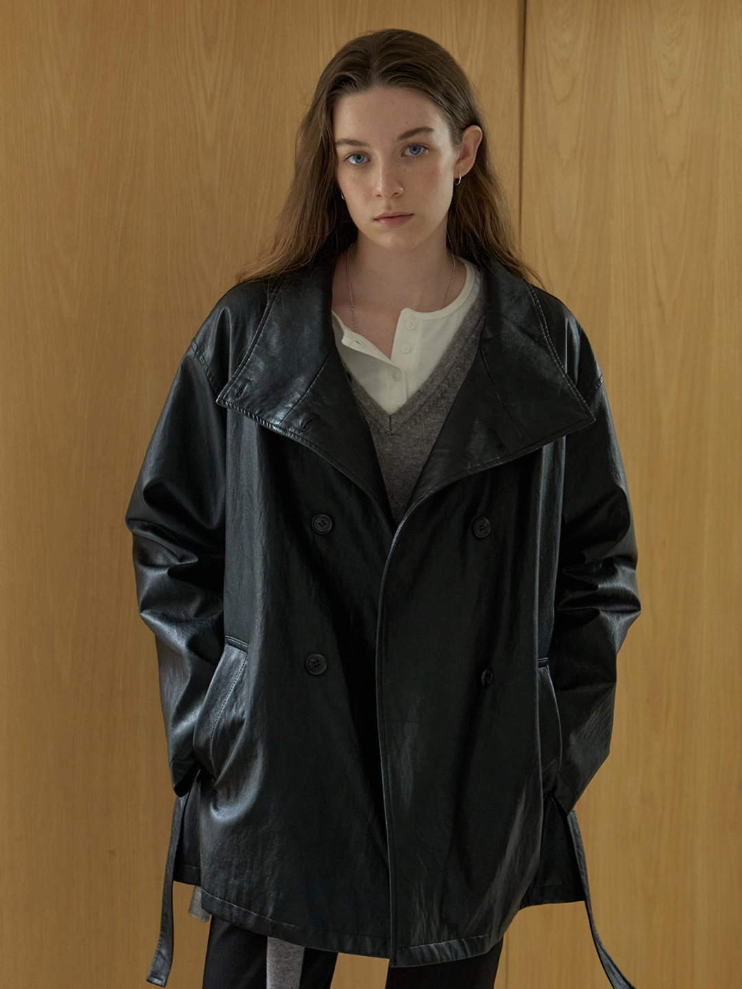 어몽 A HIGH NECK FAUX LEATHER COAT_BLACK 상품 이미지 3
