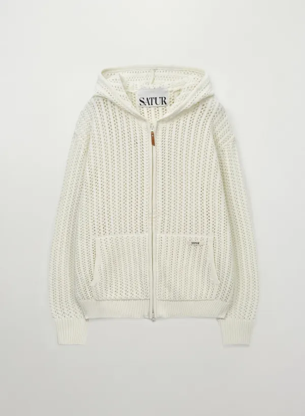 Crochet Knit Hood Zip-up - Cream