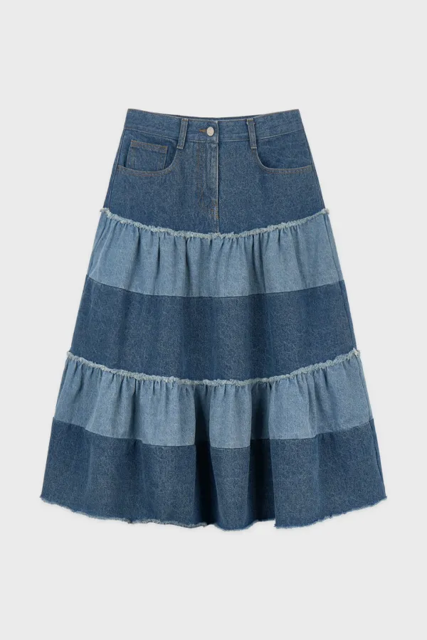 Color Block Tiered Maxi Skirt (Indigo Blue)