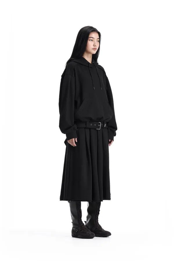 Raw-Edge Belted Set-Up Hoodie [ Black ]