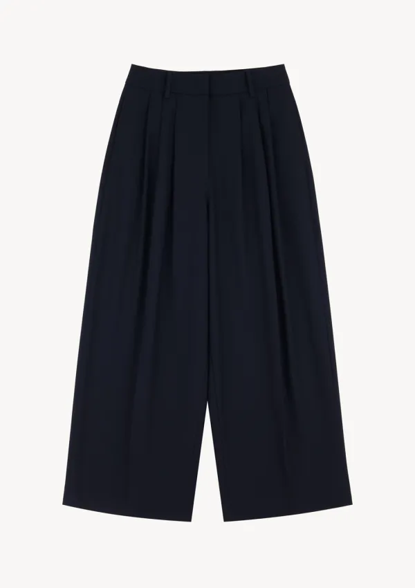 Sleek Pintuck Wool Slacks in Navy