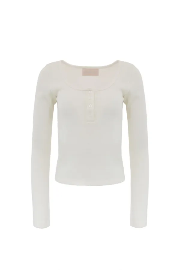 BUTTON MELANGE KNIT TOP IVORY