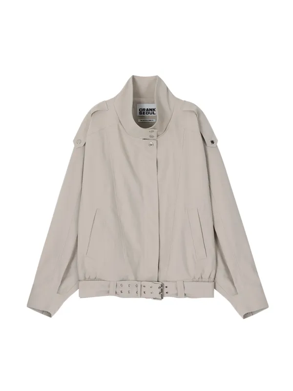 HIGH NECK BELTED BLOUSON JACKET_BEIGE