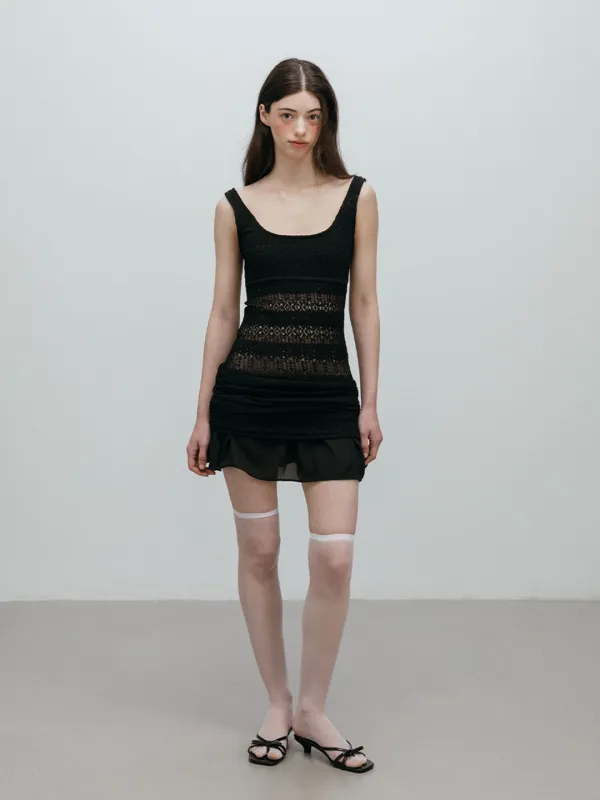 CROCHET SHIRRING MINI DRESS / BLACK