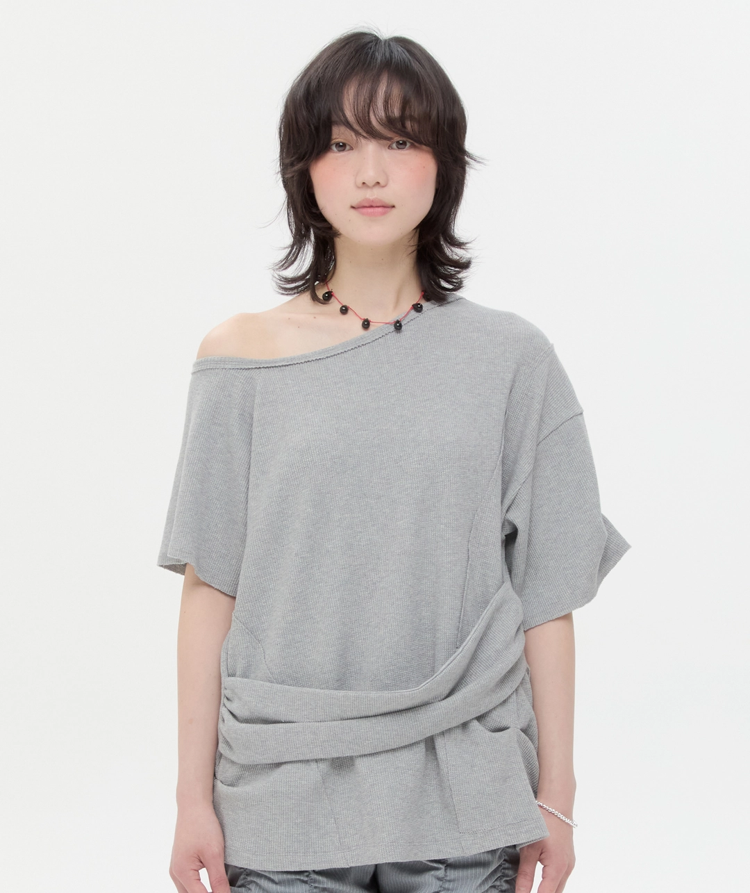 타입서비스 Textured Ruched Off Shoulder Short Sleeve Top [Gray] 상품 이미지 1