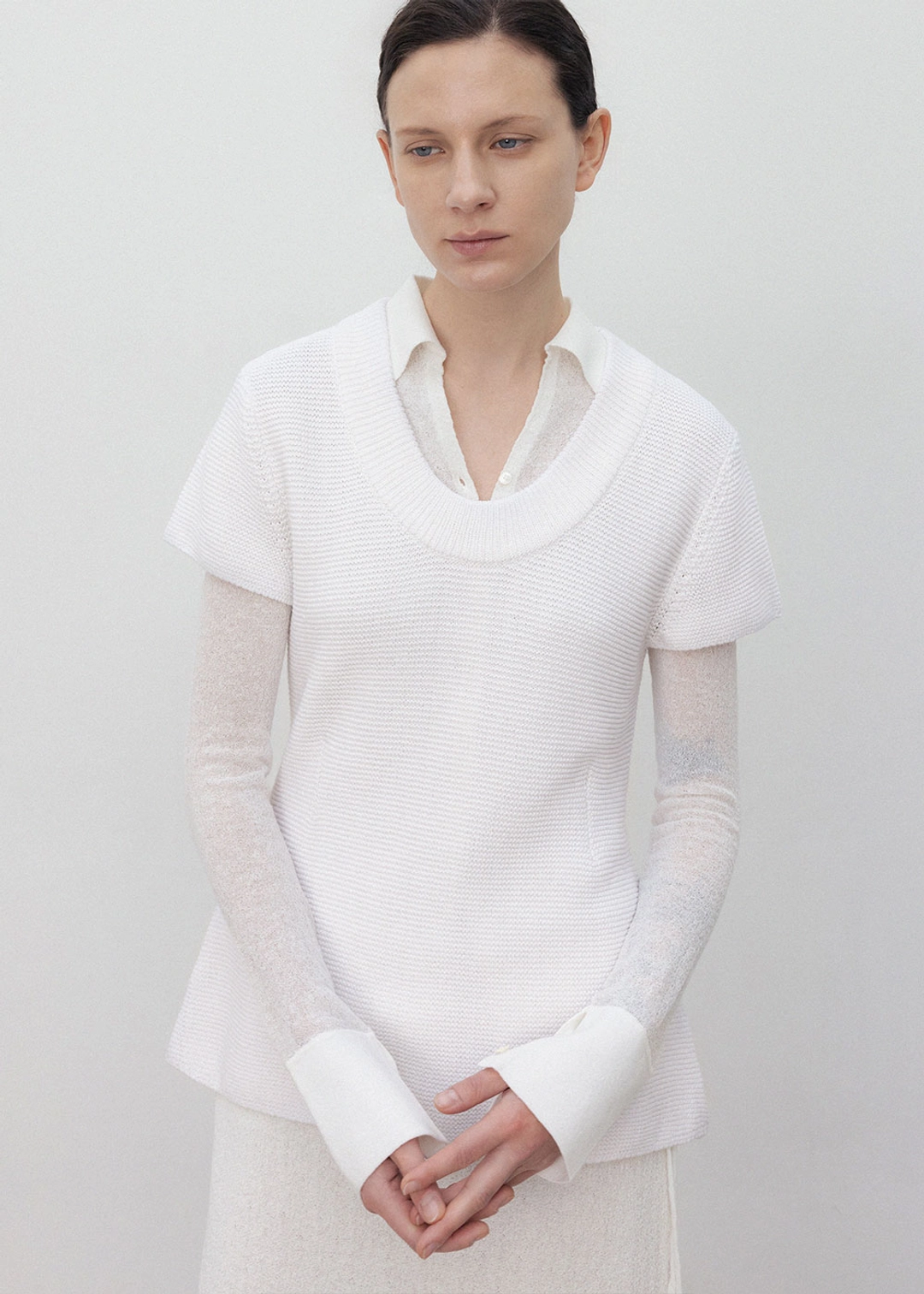 우마뭉 Korean paper yarn cap sleeve u neck pullover_White 상품 이미지 2