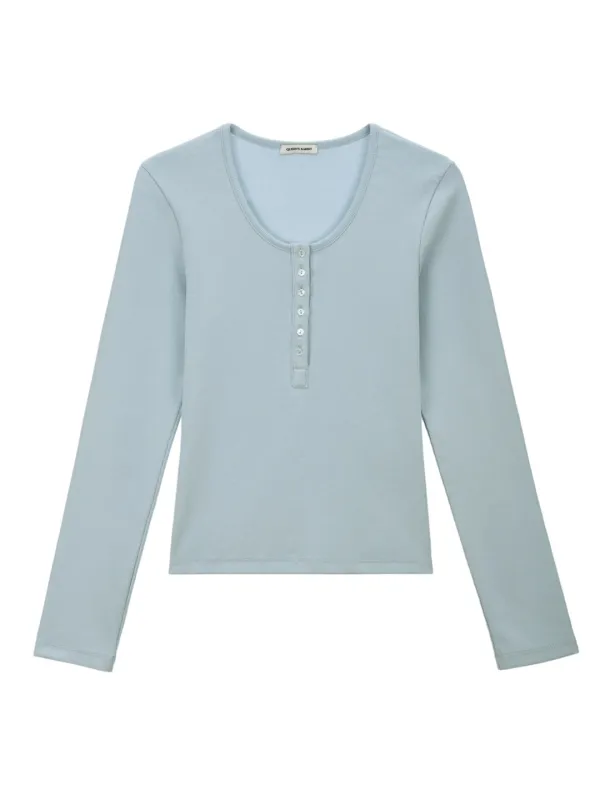 Fine Ribbed Button U-Neck Long Sleeve Tee