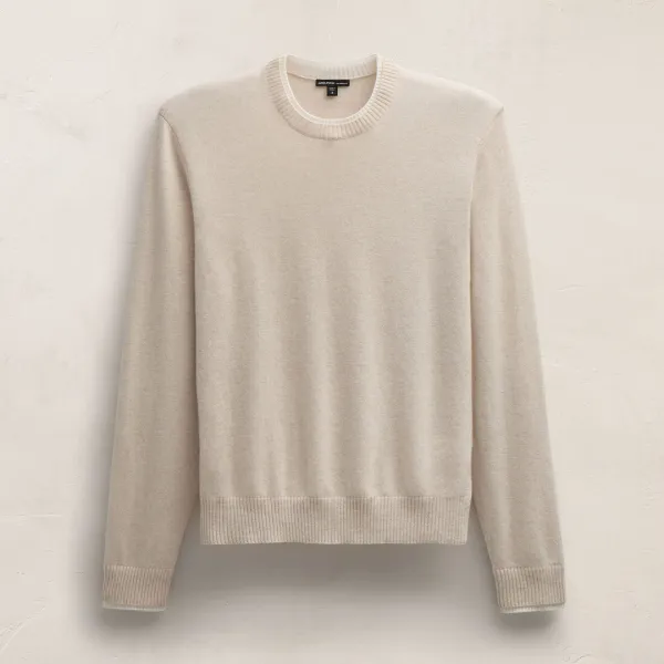 Contrast Trim Cashmere Crew - Stucco/Ivory