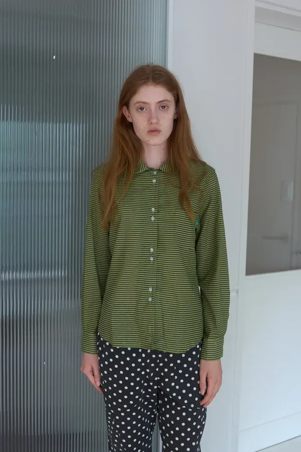 92. Stripe round collar shirt_Pea-green