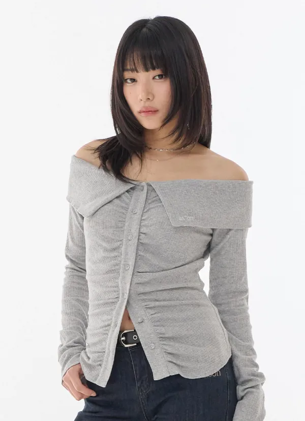 LUCIE SHIRRING OFF SHOULDER TEE / GRAY