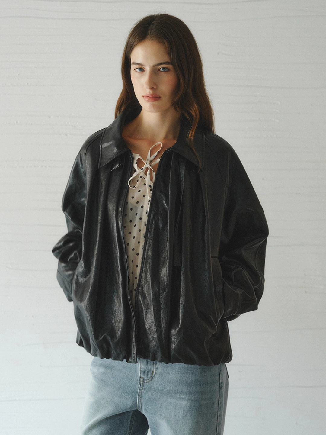 르니나 ROSALIN shirred leather blouson jacket_black 상품 이미지 3