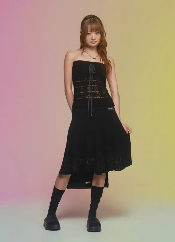 WAVY LACE MIDI SKIRT / BLACK