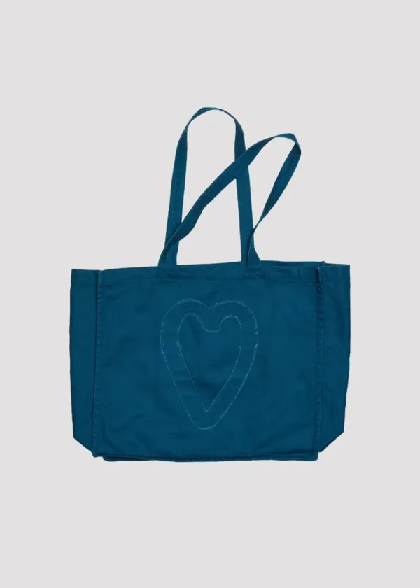 APPLIQUE CANVAS BAG HEART TEAL BLUE