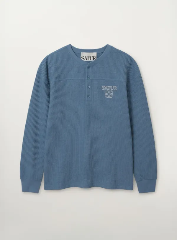 Stitch Waffle Henley Neck Long Sleeve - Blue