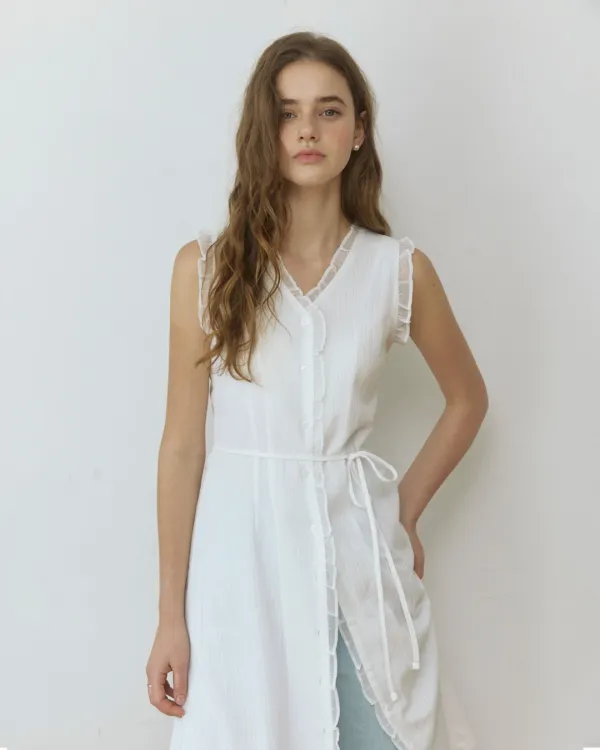 Lace frill line jacquard long dress - white