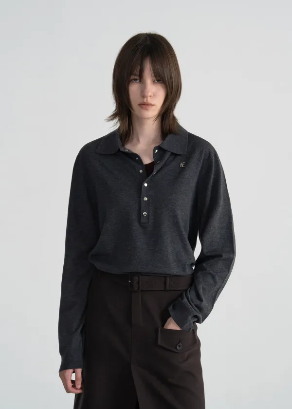 SNAP BUTTON KNIT POLO SHIRT - CHARCOAL GREY
