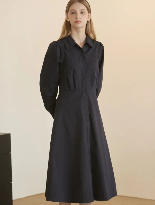 Puff Sleeve Shirt Dress - Navy