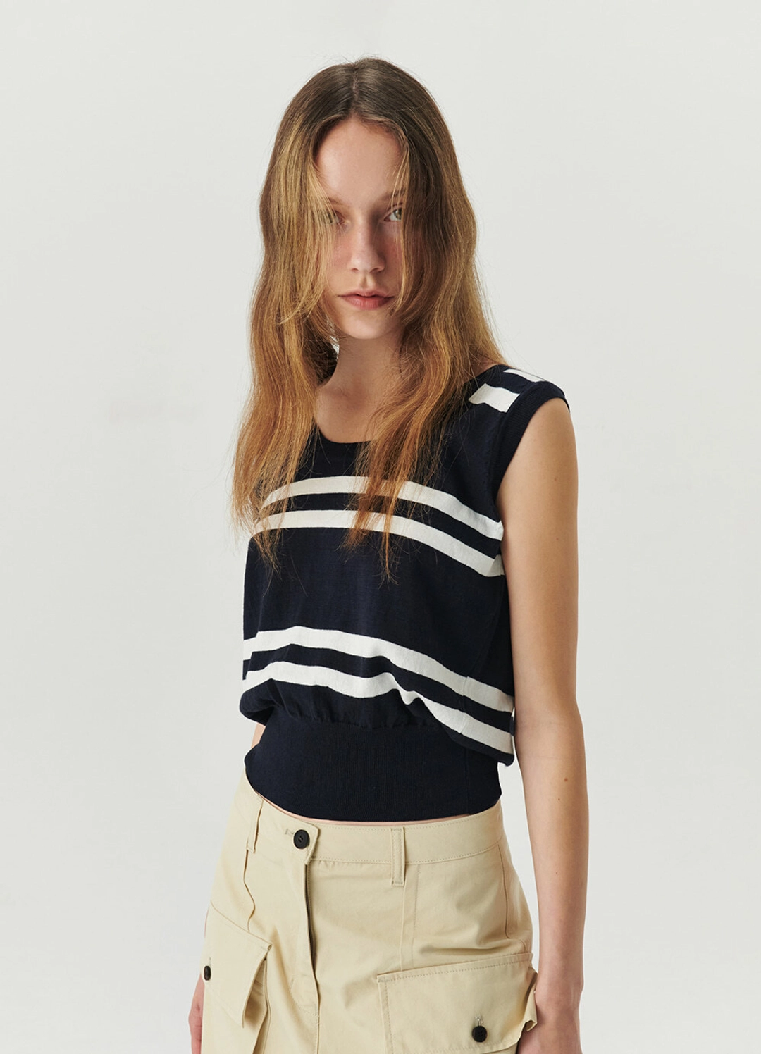 르바 Organic Cotton Stripe Knit Sleeveless - White/Navy 상품 이미지 2