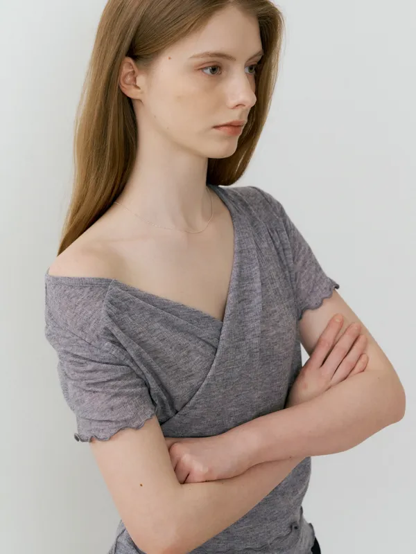 comos 1454 v-neck shirring wrap T-shirt (melange gray)