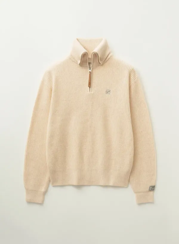 Button Up Sailor Half Knit Zip-up - Cream