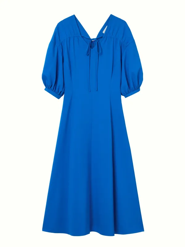 Balloon Sleeve Satin Shirring Dress, Blue