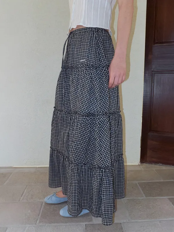 Check frill Tiered Skirt, Black