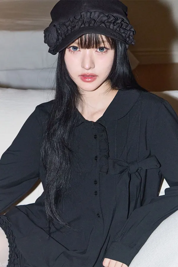 리본 플리츠 블라우스 블랙