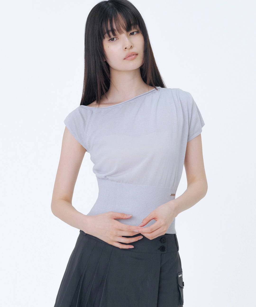 미세키서울 One shoulder sheer knit top GREY 상품 이미지 2