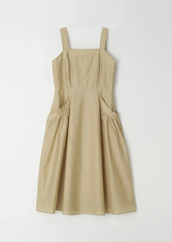 pocket shirring maxi dress-beige
