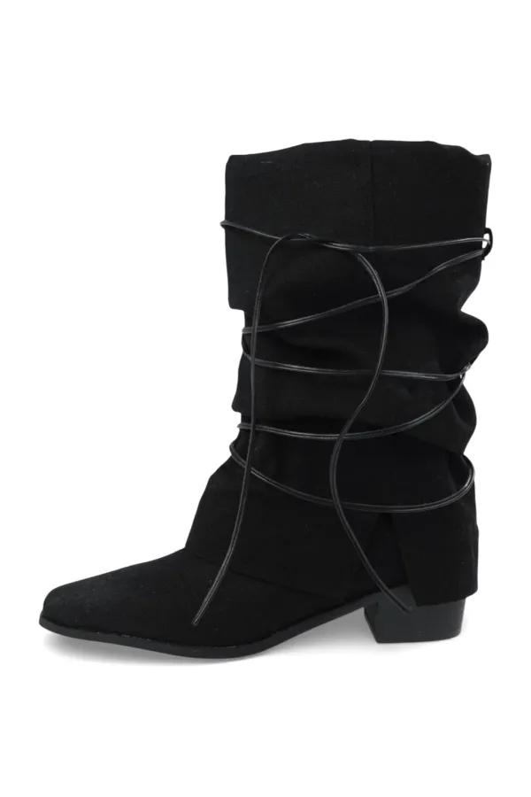 STRAP LINEN WARMER BOOTS BLACK