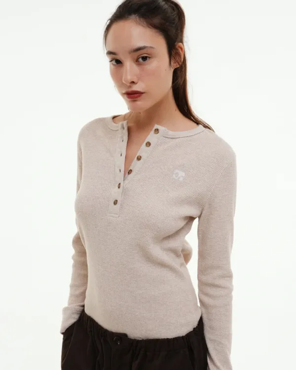 CENTAUR WAFFLE HENLEY NECK LONG SLEEVE_LIGHT BEIGE
