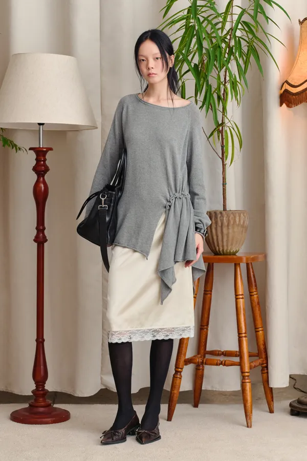 SIDE SHIRRING BOAT NECK KNIT, MELANGE GREY
