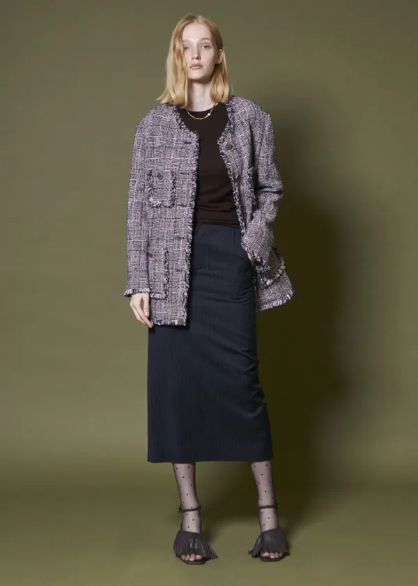 FRINGE OVERSIZED TWEED JACKET _PINK BLACK