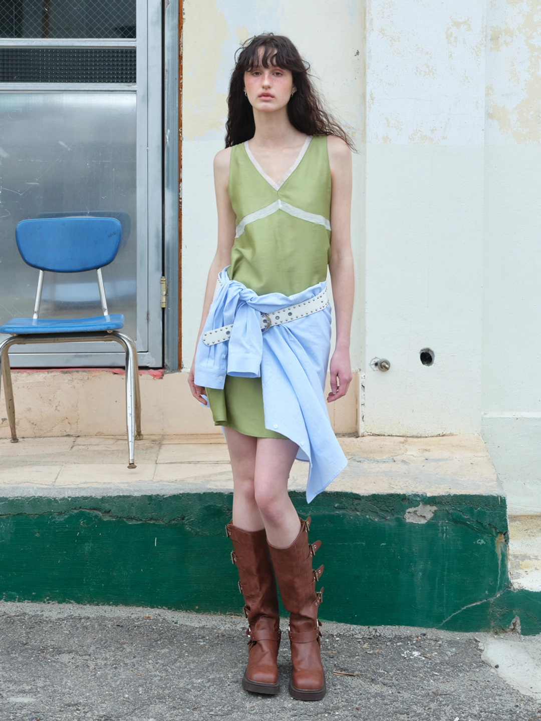 에트몽 Silky Layered Sleeveless Dress, Olive 상품 이미지 2