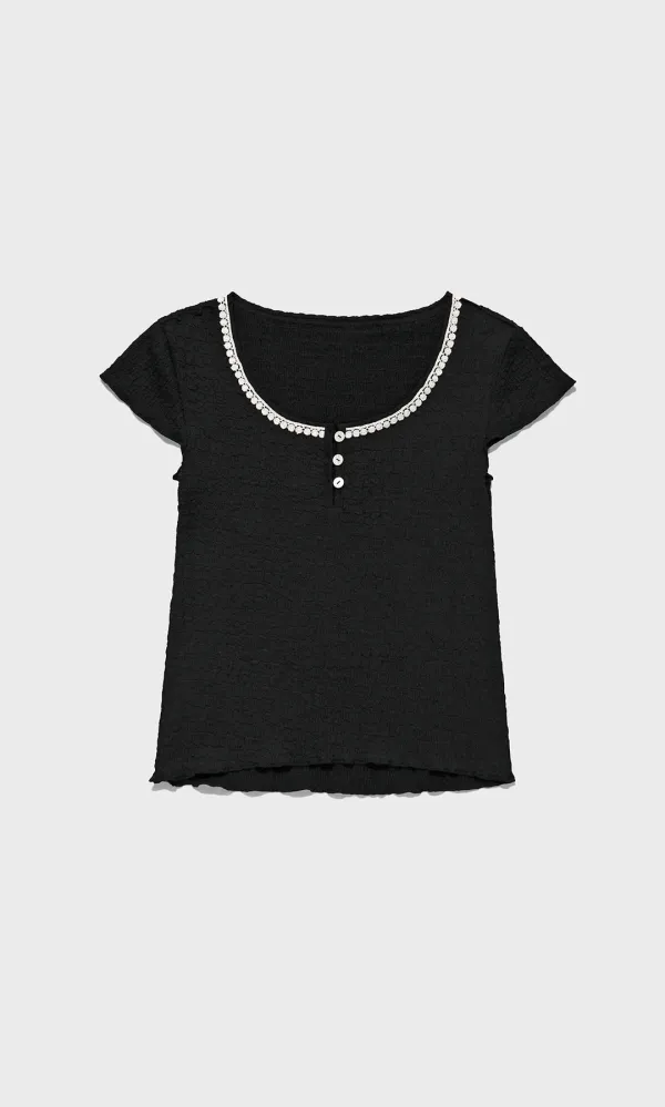Floral Lace Button Tee_Black