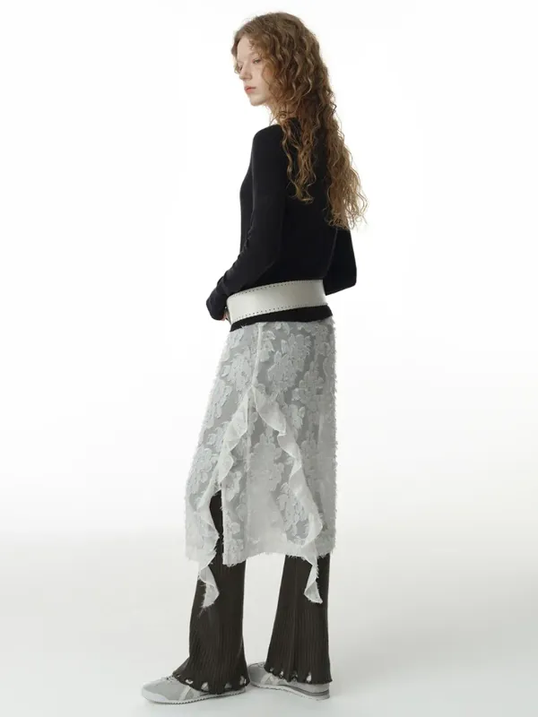 Sheer Ruffle Midi Skirt [White]