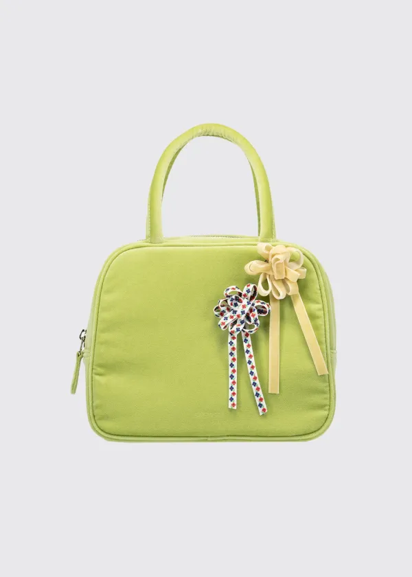 COTTON VELVET BROOCH HAND BAG - OLIVE