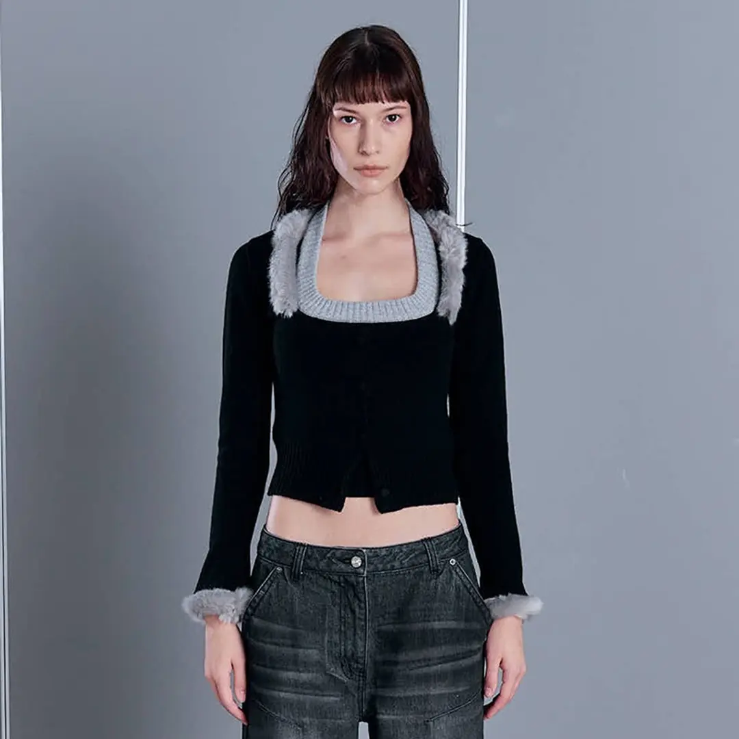 2000아카이브 FUR TRIMMED KNIT CD & HALTER TOP (2 PIECES) (BLACK) 상품 이미지 1