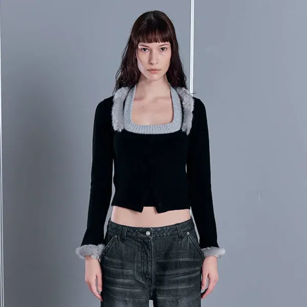 FUR TRIMMED KNIT CD & HALTER TOP (2 PIECES) (BLACK)