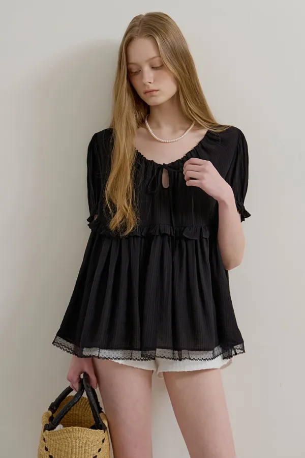 [4rd]RIBBON PUFF BLOUSE - BLACK