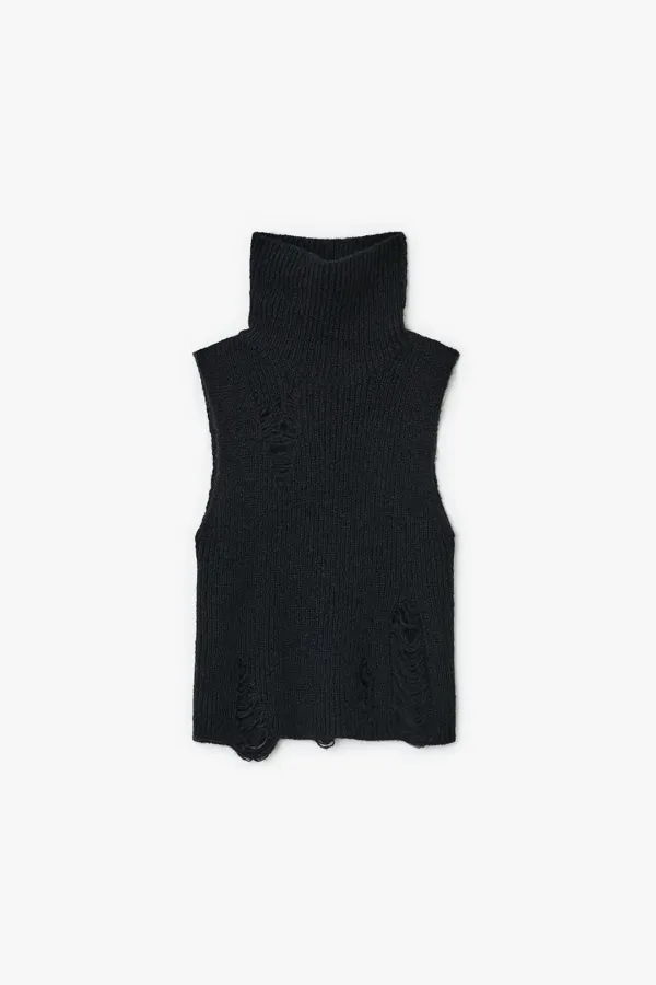 DAMAGED TURTLENECK SLEEVELESS KNIT, BLACK