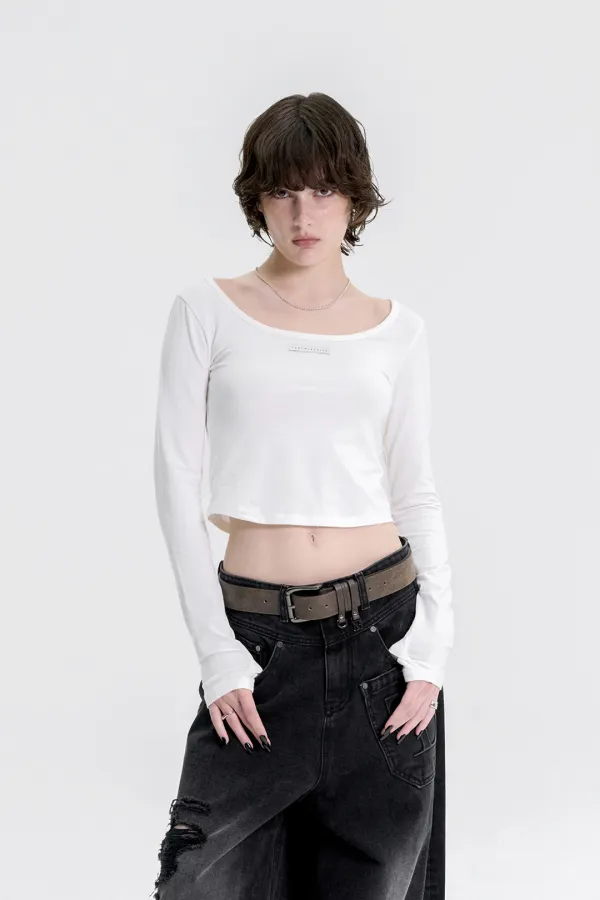 Scoop Neck Finger Hole Long Sleeve [ White ]
