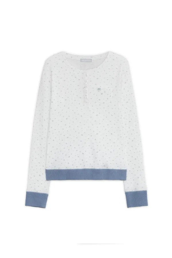 Flower henry neck long sleeve T (White)