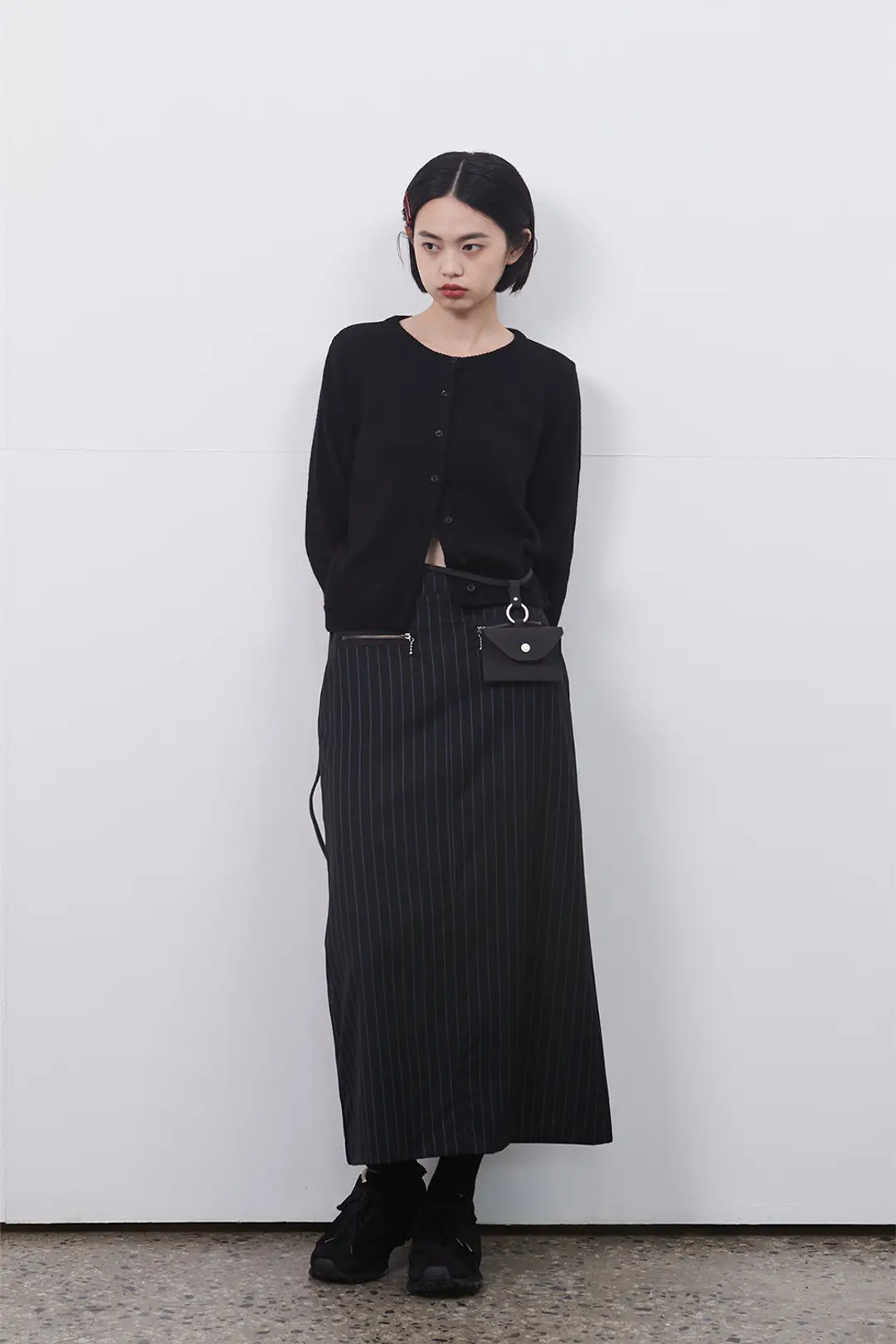 오헤시오 STRIPE SLIT LONG SKIRT, BLACK 상품 이미지 2