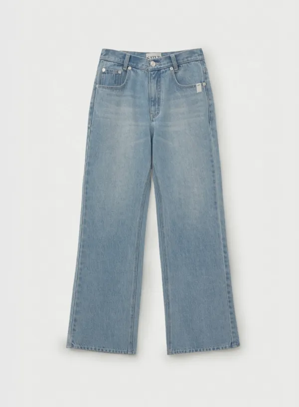 (W) Semi Loose Bootscut Washed Denim Pants - Light Blue
