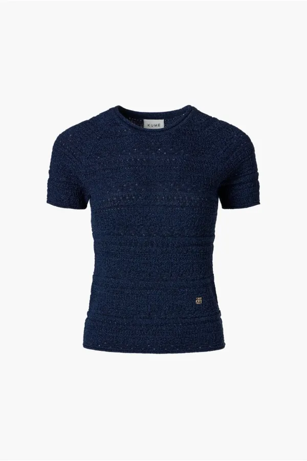 Crochet Short Sleeved Sweater, Navy