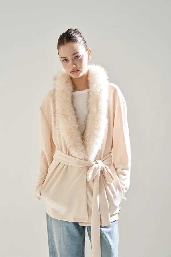 FUR TRIMMING WRAP CARDIGAN IVORY