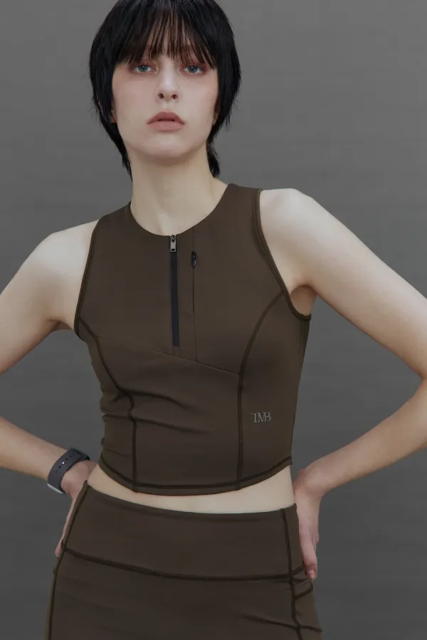TMB Active Dual-Zip Cropped Tank Top [ Brown ]